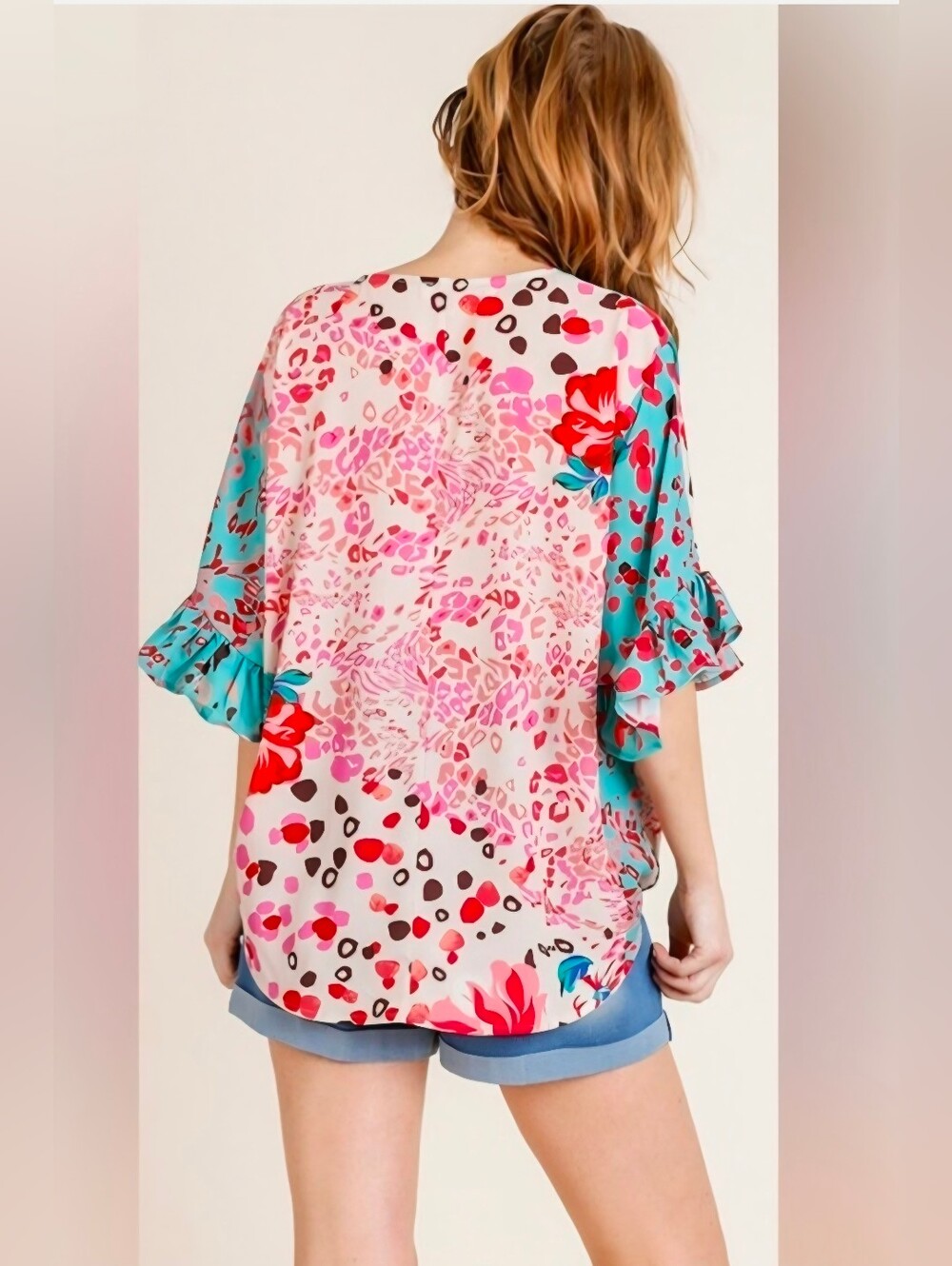 New Umgee Floral Animal Mixed Print Crossbody Wrap-Style Blouse Top NWT Large - Picture 2 of 8